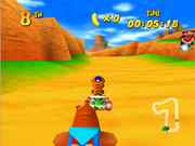 The view as soon as you enter Horseshoe Gulch. Notice WizPig inexplicably flying around above (he follows a circular path) and the other racers not doing anything (they eventually start drifting around if you hit them).