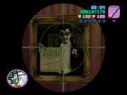 The logo is on his shoulder. The guy is almost creepy looking too.